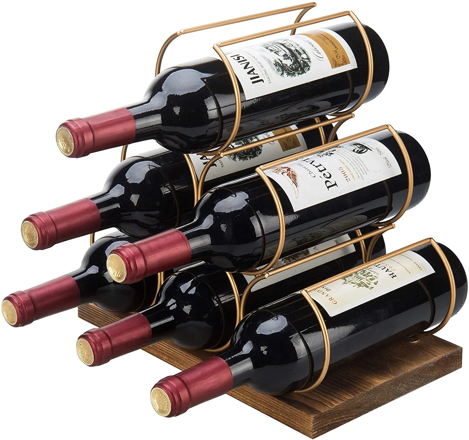 Modern Brass Metal Wire & Burnt Wood Tabletop Wine Storage Rack / 6-Bottle Freestanding Display Holder