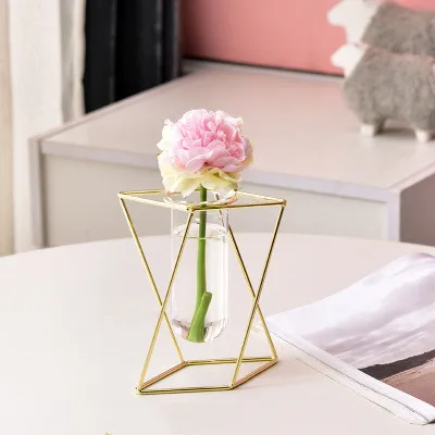 
Nordic ins geometric vase light luxury metal iron decoration living room flower arrangement creative home glass flower stand 