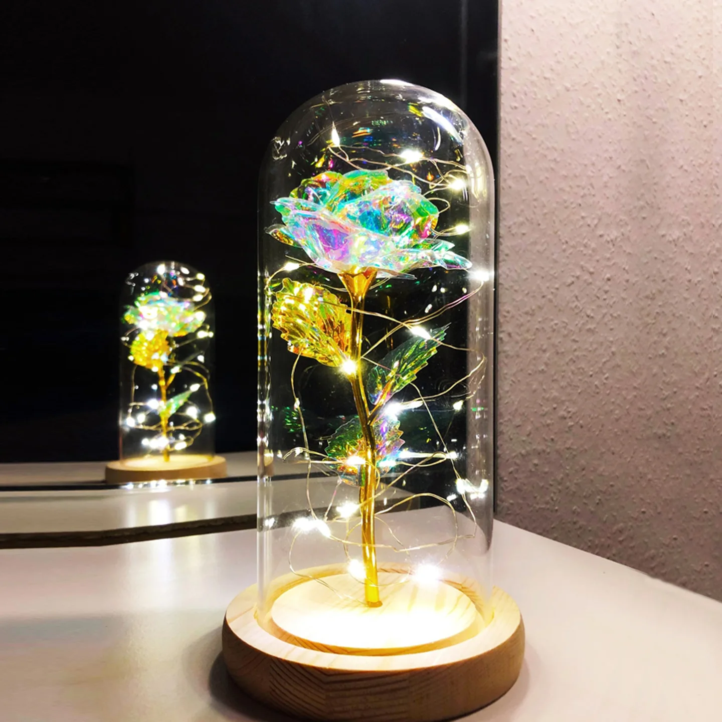 Plastic Flower Enchanted Galaxy Rose 24K Gold Eternal Flower with LED Lights in Glass Dome for Christmas Valentines Day Gift