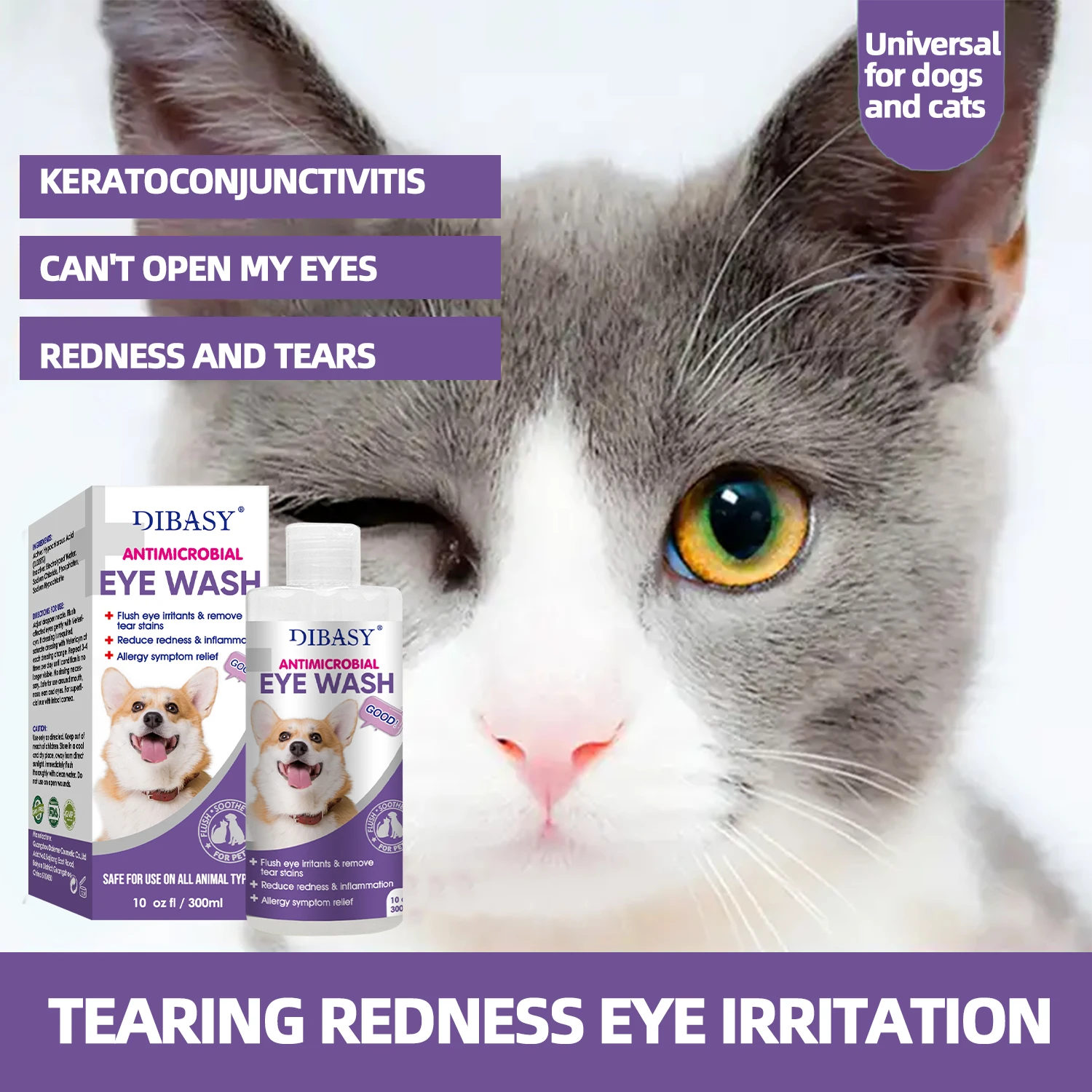 Pet Care Fast Relief from Irritations & Allergies Symptoms Eye Wash & Tear Stain Remover for All Animals -DIB666025