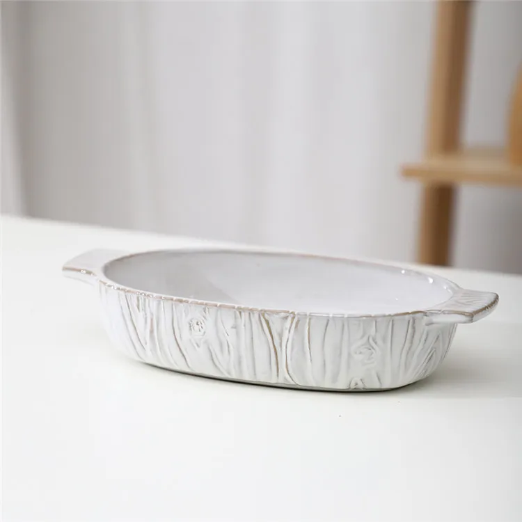 Hot sale kitchen matte embossed design cheap cake bread pizza pie white ceramic baking dish set with different size