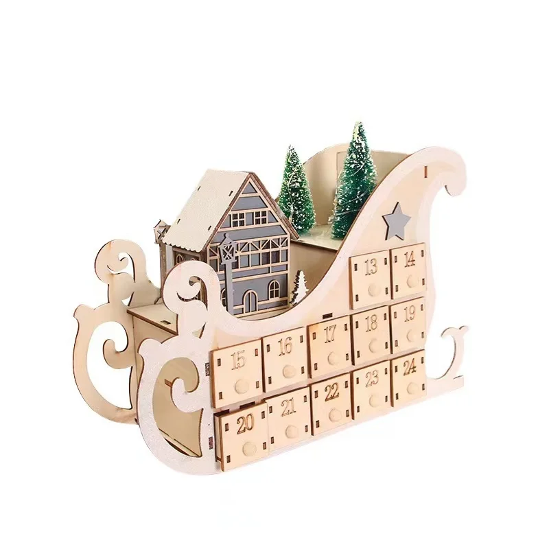 Tree House Sleigh Wooden Advent Calendar Countdown Christmas Party Decor Beauty Advent Calendar with LED Light Ornament
