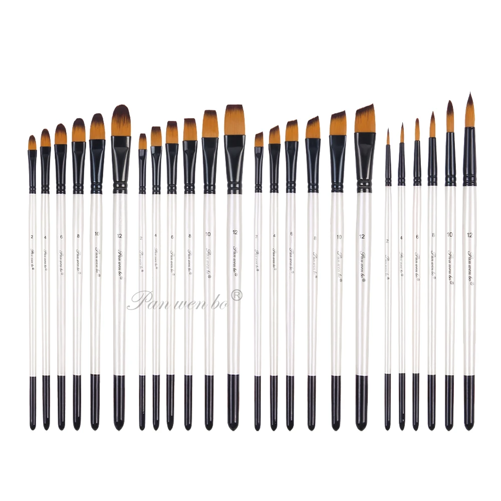 6pcs Pearl White Barrel Nylon Oil Brush Round Flat Hair Shape With Wood Handle Painting Brush Wholesale