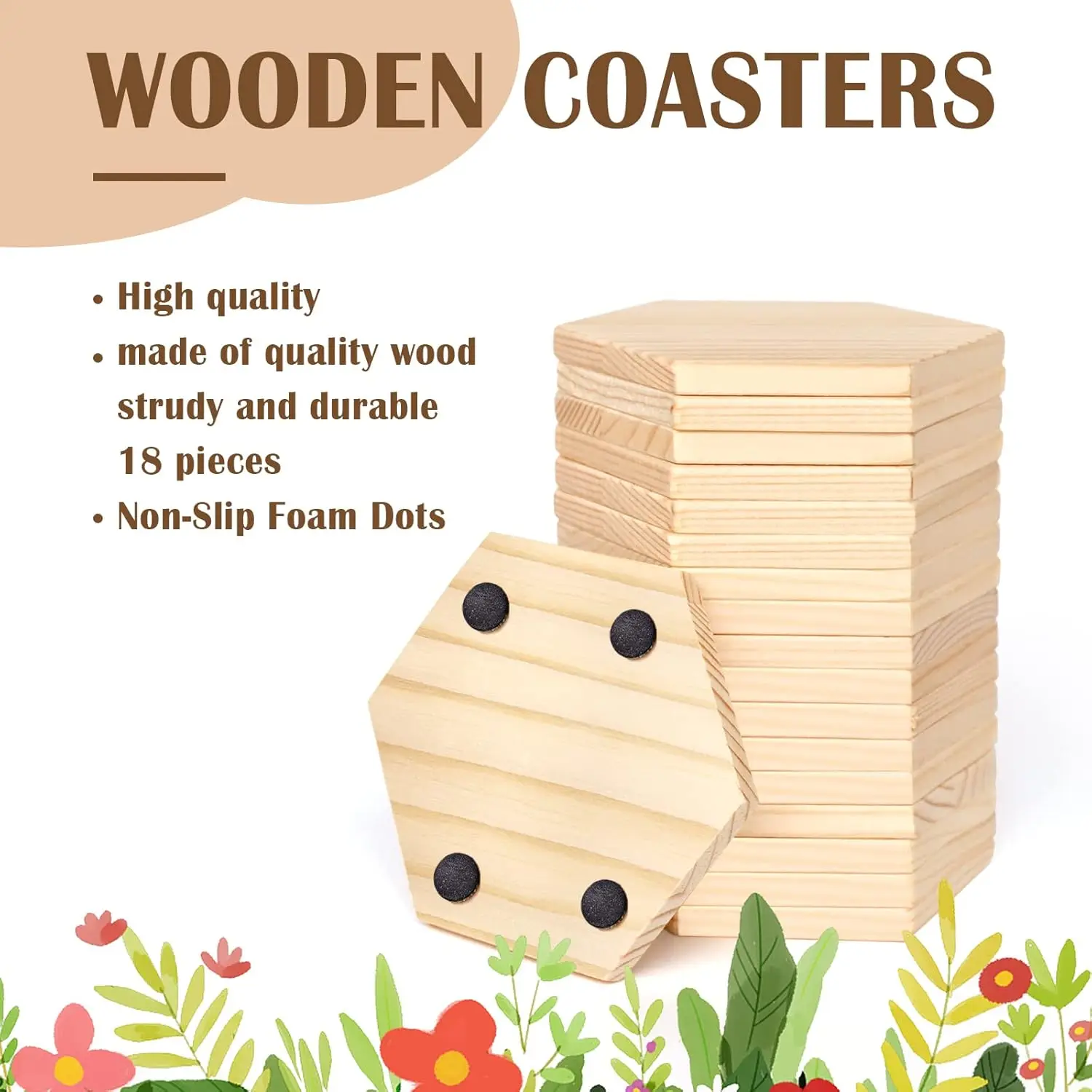 Wood Coasters 4 Inch Hexagon Blank Wood Crafts with Non-Slip Silicon Dots for DIY Architectural Models Drawing Painting
