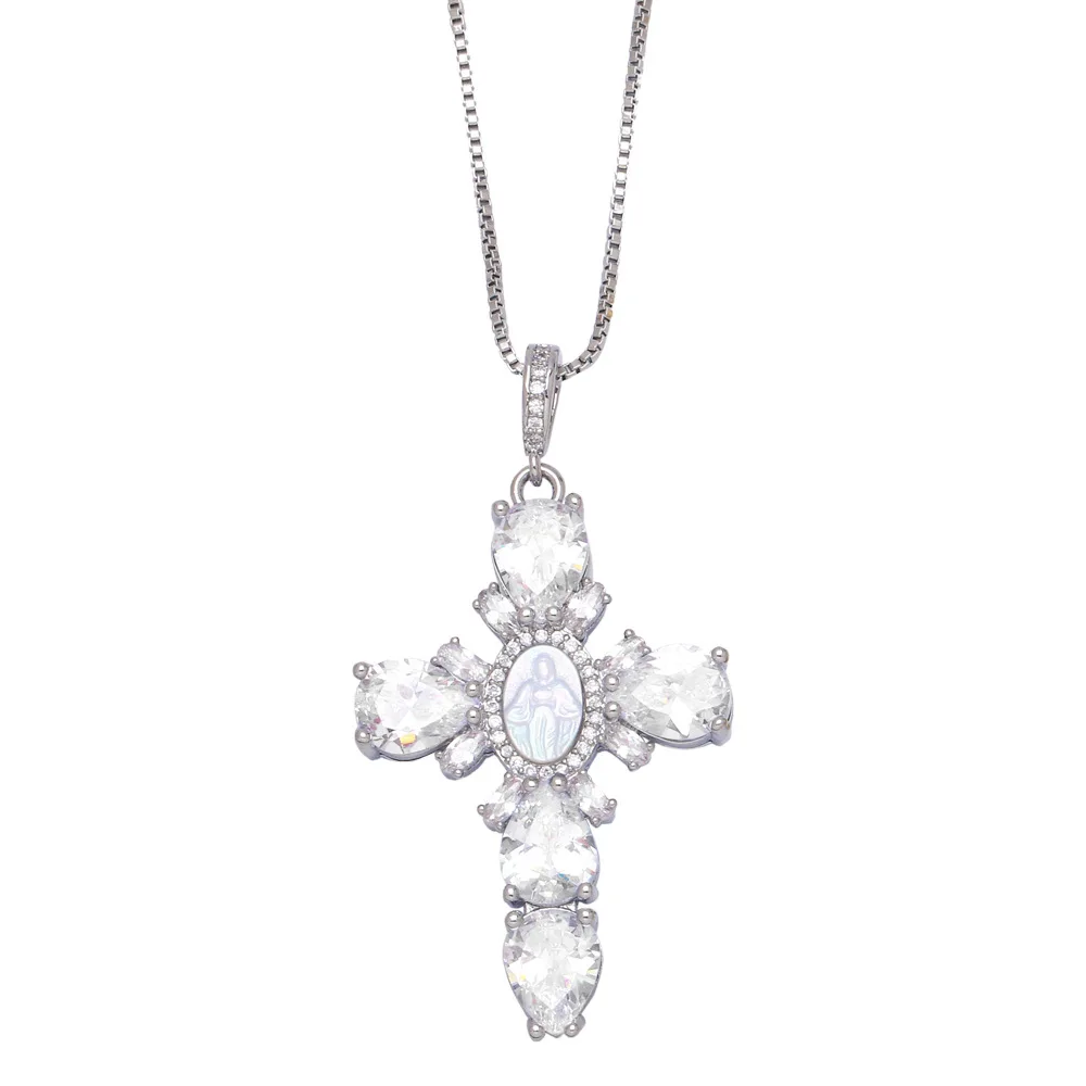 Luxury cz diamond zircon pave cross pendant virgin mary necklace jewelry for girls