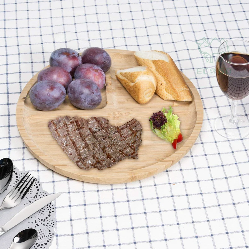 Bamboo Round Plates With 3 Section 12 Inches Party Dinner Plates Coffee Tea Serving Tray Fruit Platters 4
