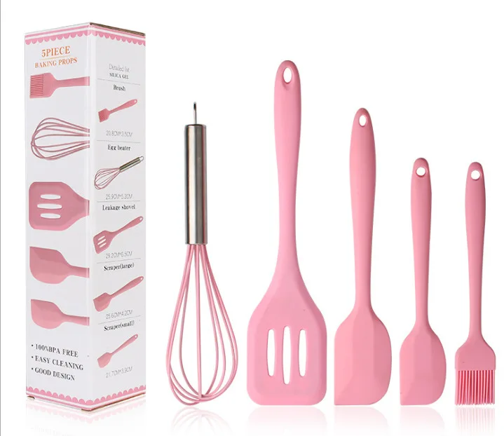 5 pcs/set Silicone Kitchen Baking Utensil Set Non-Stick Rubber Spatula Shovel Scraper Oil Brush