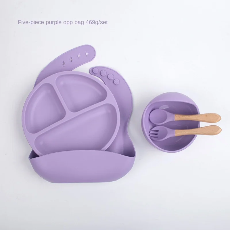 Wholesale Five-piece Free Baby Silicone Feeding Set Fork Spoon And Bibs Usse Suction Silicone Baby Feeding Set