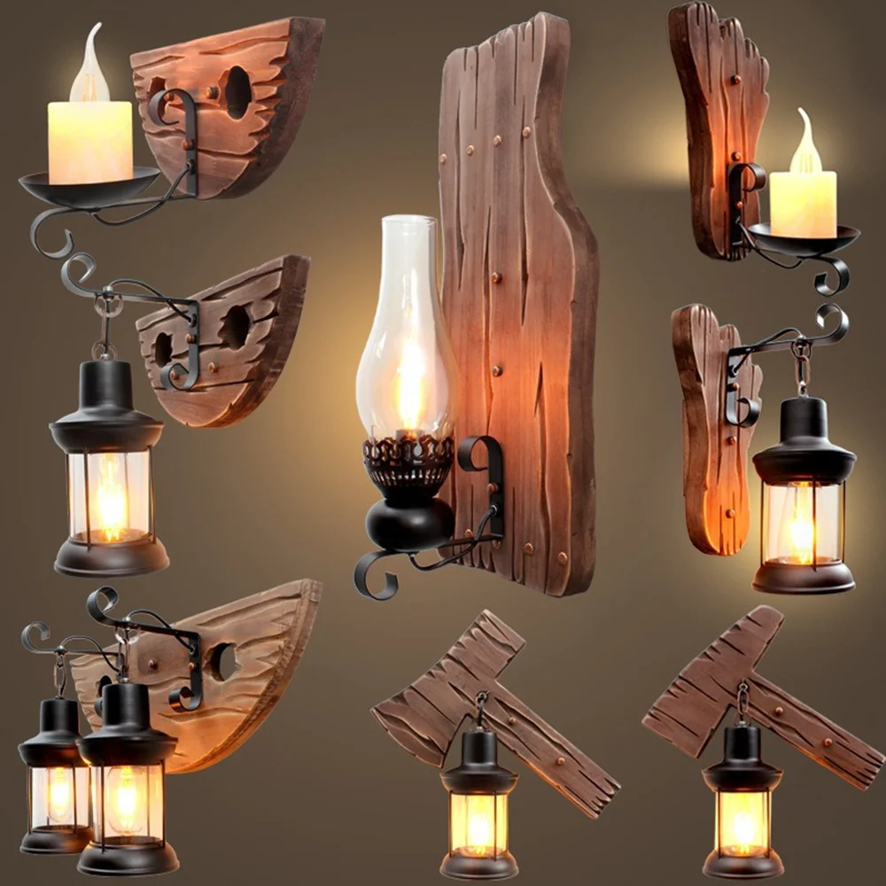 Wood wall lamp Restaurant Bar Coffee Shop wall lamp retro light industrial home interior loft wall decor led bedside sconce lamp