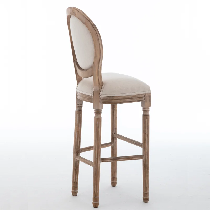 Wholesale Oval Back Vintage Wooden Bar Counter Linen Seats Carved Oak Wood Bar Stools