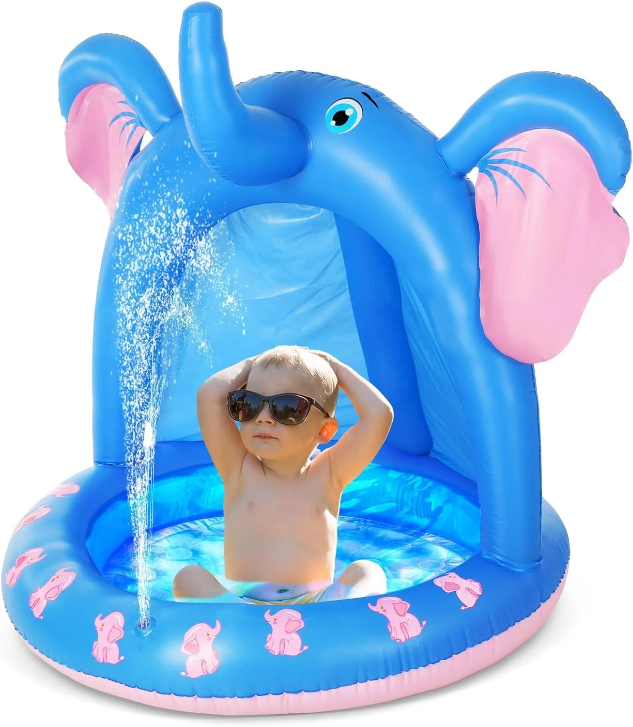 47 Inches Baby Pool with Canopy Elephant Inflatable Baby Swimming Pool with Soft Floor Bottom and  Water Sprinkler