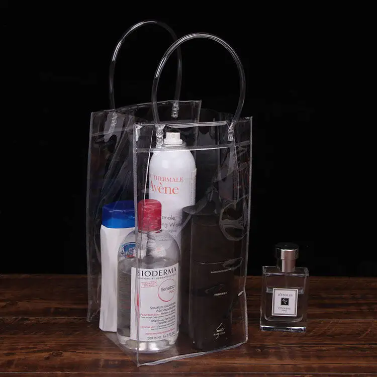 Low MOQ clear transparent pvc beach shopping bag packing bag for gift promotion with handle/top button for closure