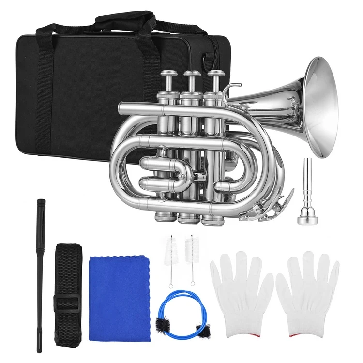 Bb Trumpet Mini Pocket Trumpet with Mouthpiece Carry Bag Gloves Cleaning Cloth Brass Instrument