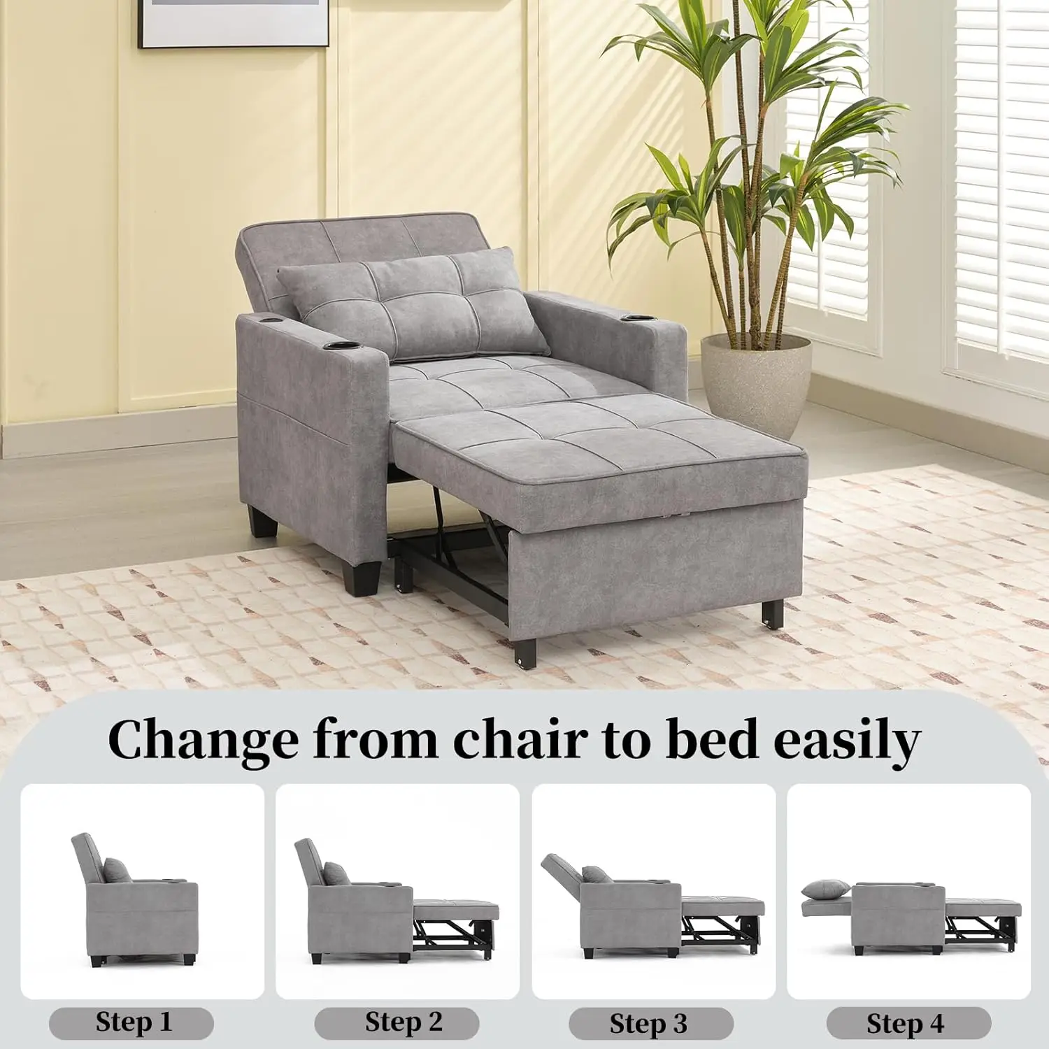 Pull Out Sleeper Bed Sleeper Bed Convertible Armchair with Cup Holders 3-in-1 Futon Chair Bed with Side Pocket