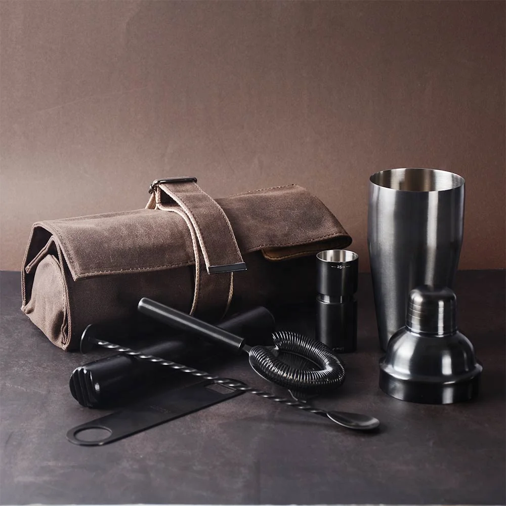 DX Custom Brown Portable Cocktail Set Roll Bag Travel Bartender Kit With Stylish