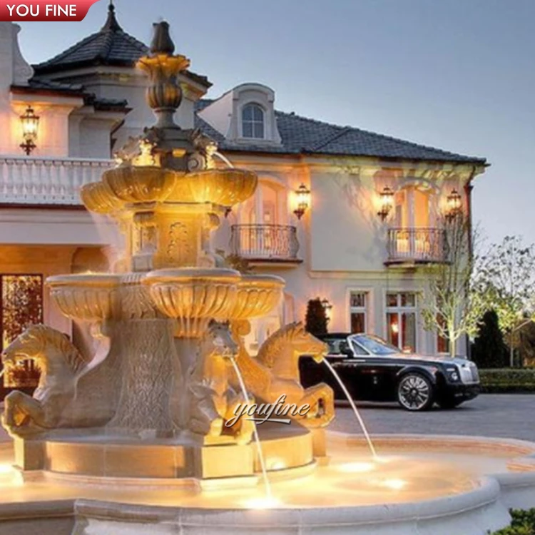 Modern Outdoor Large Natural Stone Marble Garden Water Fall Fountain with Horse Sculpture