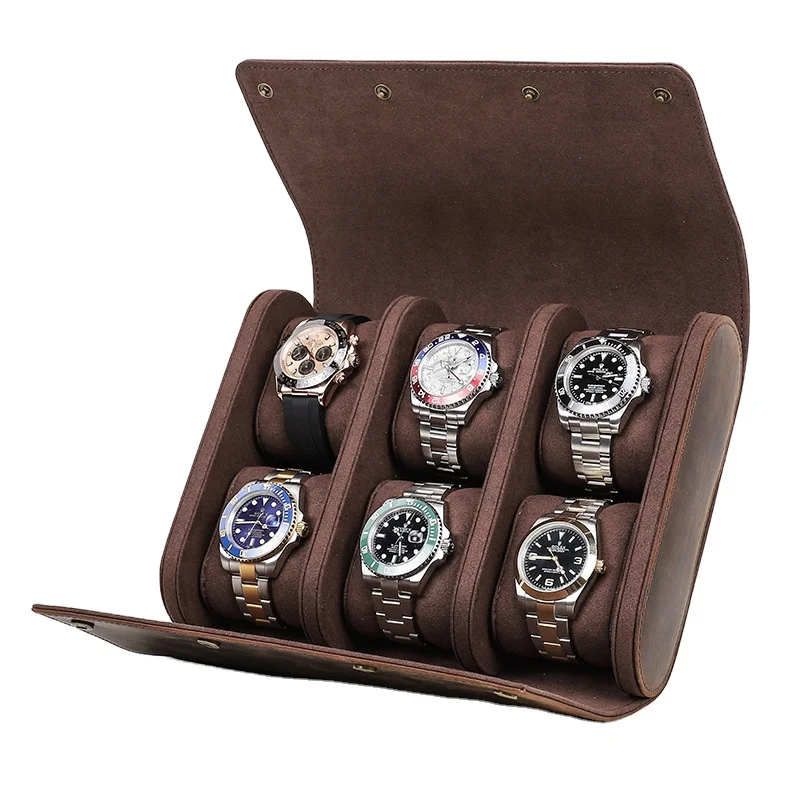 Retro Crazy Horse Skin Watch Box, 6-piece Handmade Creative Watch Box, Outdoor Travel Watch Storage Box