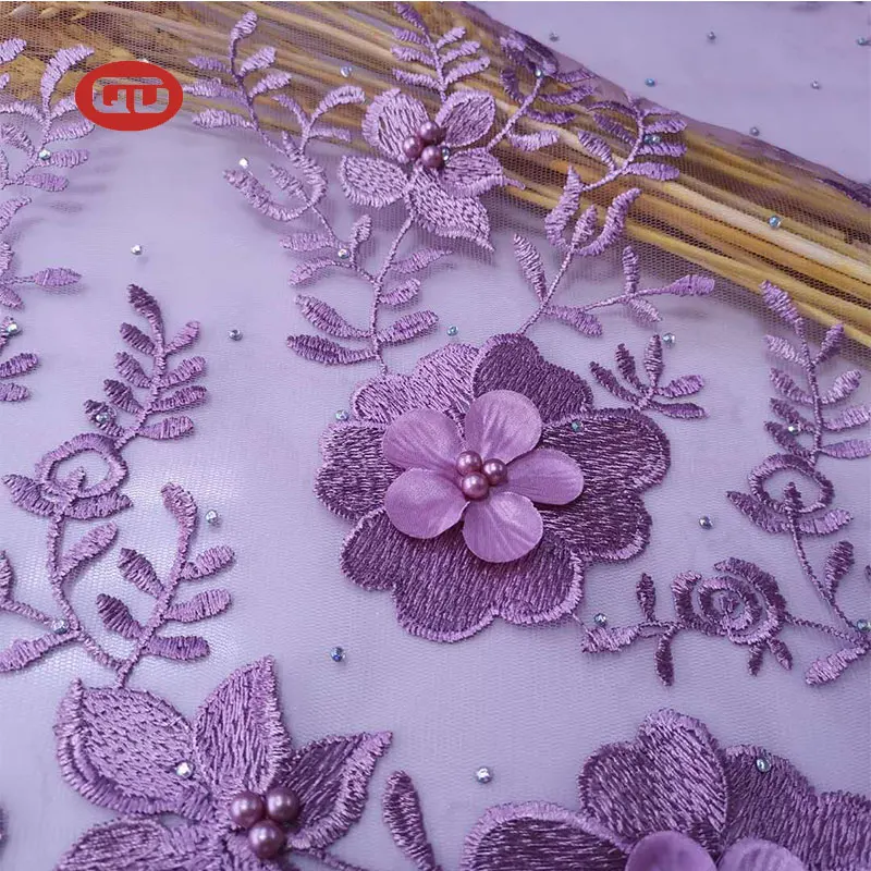 Fancy violet  Tulle Lace Embroidery Fabric with lulu for Women wedding dress