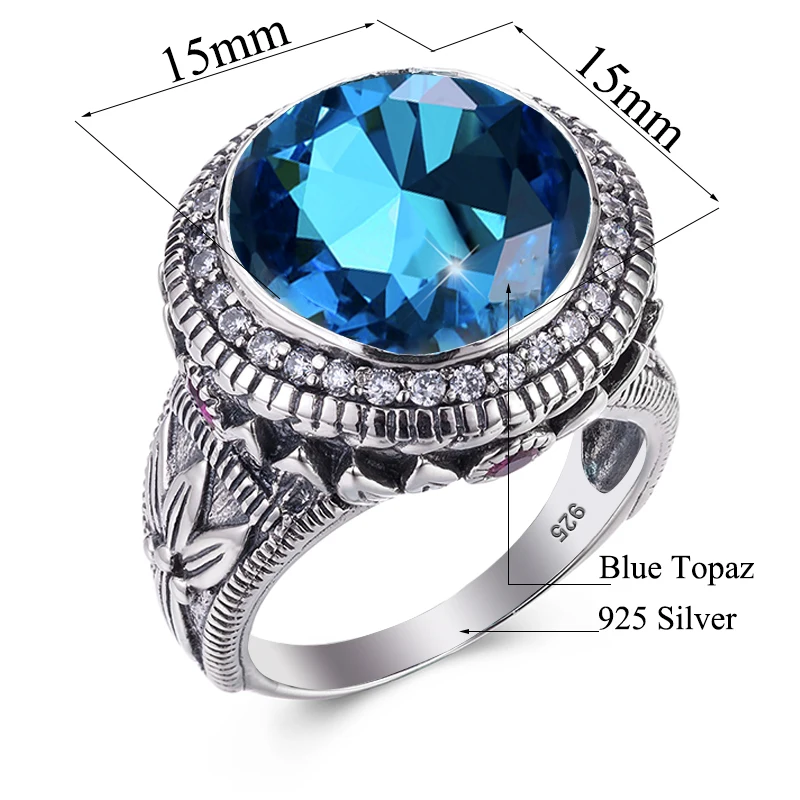 Vintage Turkish Large Blue Topaz Gemstone Exquisite Filigree Ring Wholesale Customization  Silver Rings Men Women