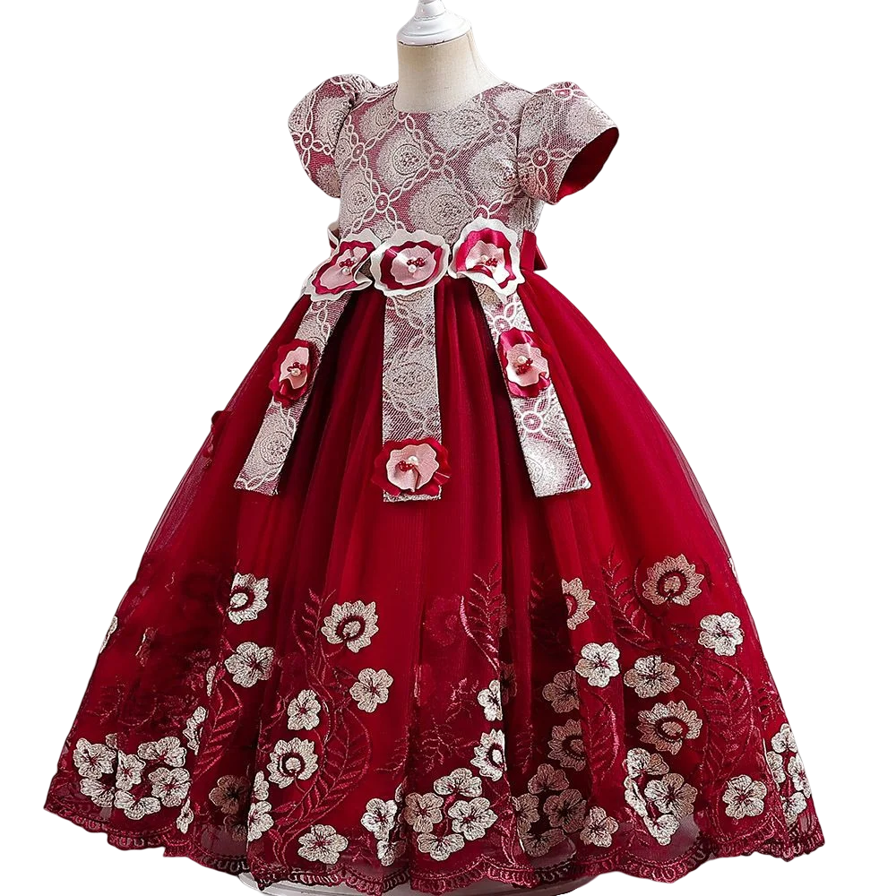 High quality girls short sleeve party ball princess dresses embroidered flower long dress