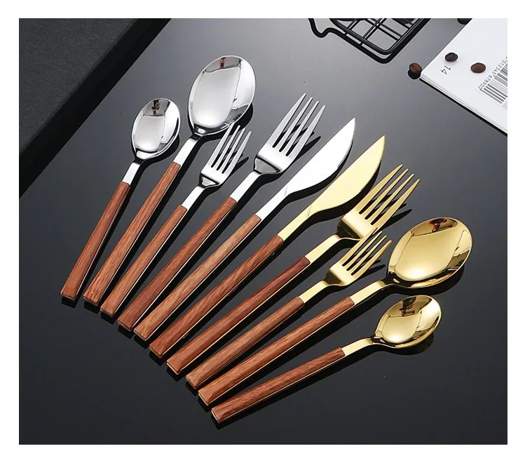 Reusable eco-friendly stainless steel knife fork spoon 5pcs set wooden handle Portuguese style western food hotel cutlery