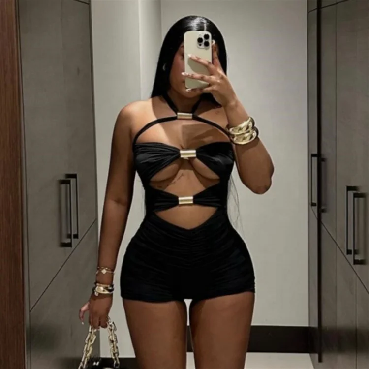 Sexy Metal Ring Hollow Out Bodycon Rompers Womens Jumpsuit Night Club Outfits Skinny  One Piece Overalls