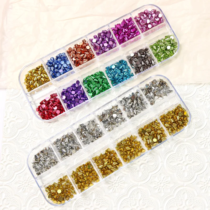 New Arrival Fashion 12 Grids Colorful Punk Cone Spike Nail Studs Beads Decals for Women Nail Decoration DIY Design Jewelry