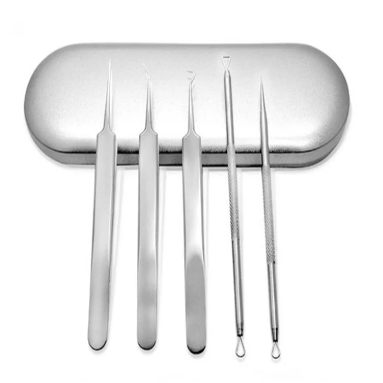 
New 5 Pcs Stainless Steel Acne Needle Tweezers Set Black Head Pimples Removal Pointed Kits 