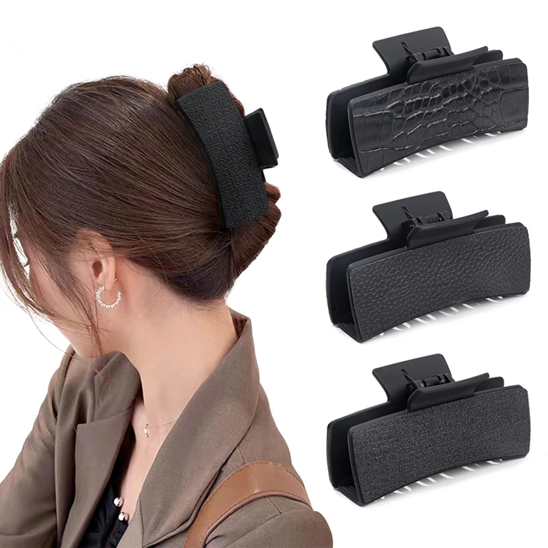 Black Square Pu Leather Acrylic Hair Clip 10.5cm Retro Rectangle Hair Claw Clips Women Girls Classics Splicing Shark Hair Claws