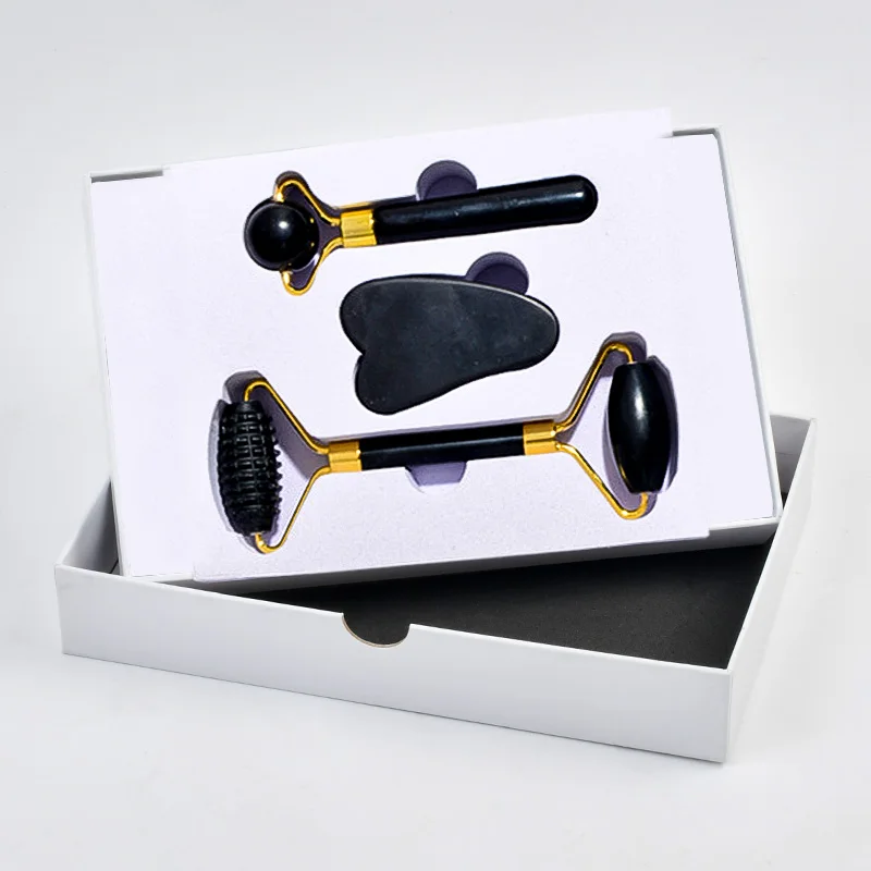 Natural Black Bian Stone Face Skincare Massage Tool Healthcare Roller Guasha Kit Custom Logo Jade Facial Roller And Gua Sha Set