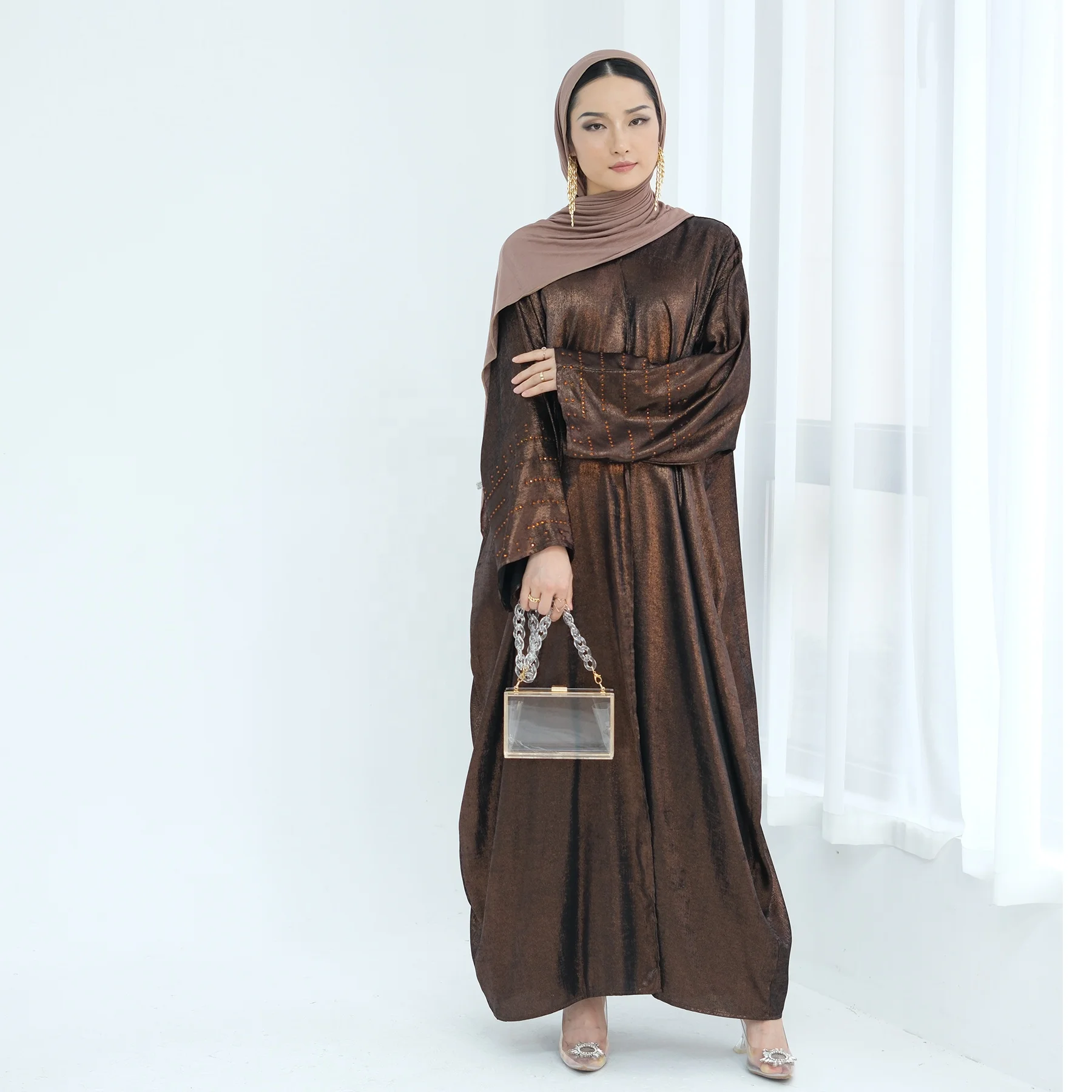 2024 New Beaded Sleeves Open Abaya Dubai Shinny Fabric Modest Abaya Women Muslim Dress Fashion Luxury Islamic Clothing
