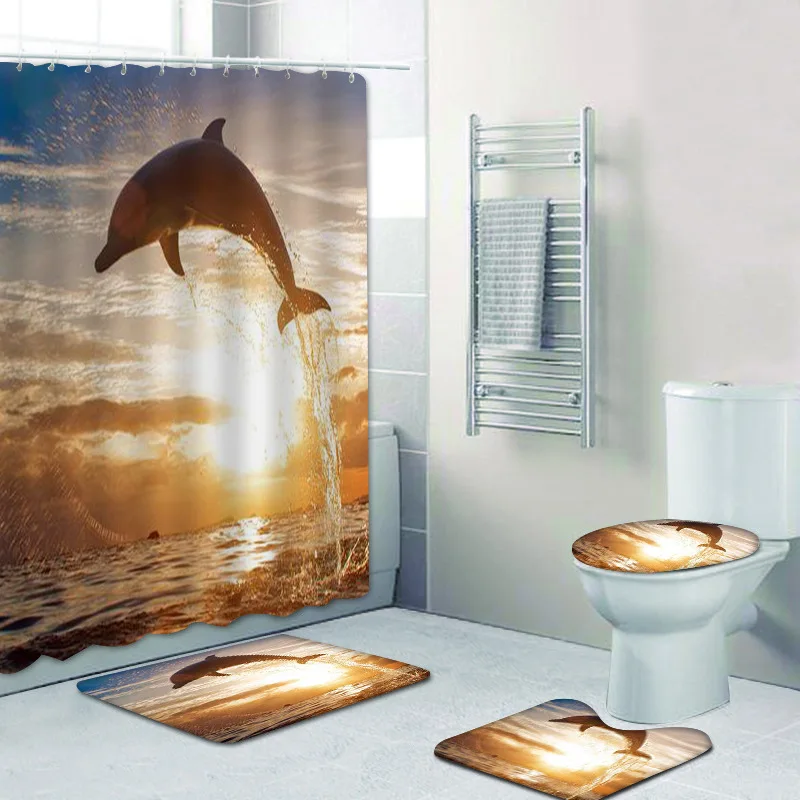 
3D Printing Design Bathroom Washroom Ocean Dolphin Waterproof Shower Curtains Toilet Lid Cover Anti-Slip Rug Mat Set 4 pieces 