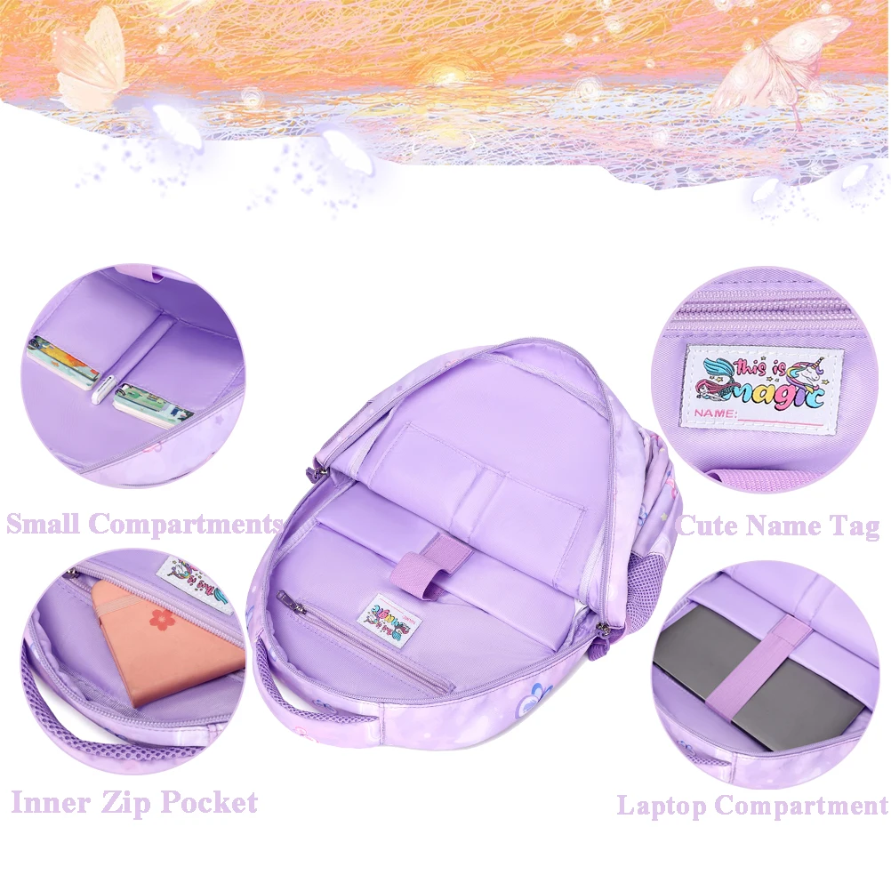 Casual 3-in-1 Purple Bead Butterfly Kids Polyester School Backpack Set Durable Waterproof Book Bag Cute Logo Teenage Boys Girls