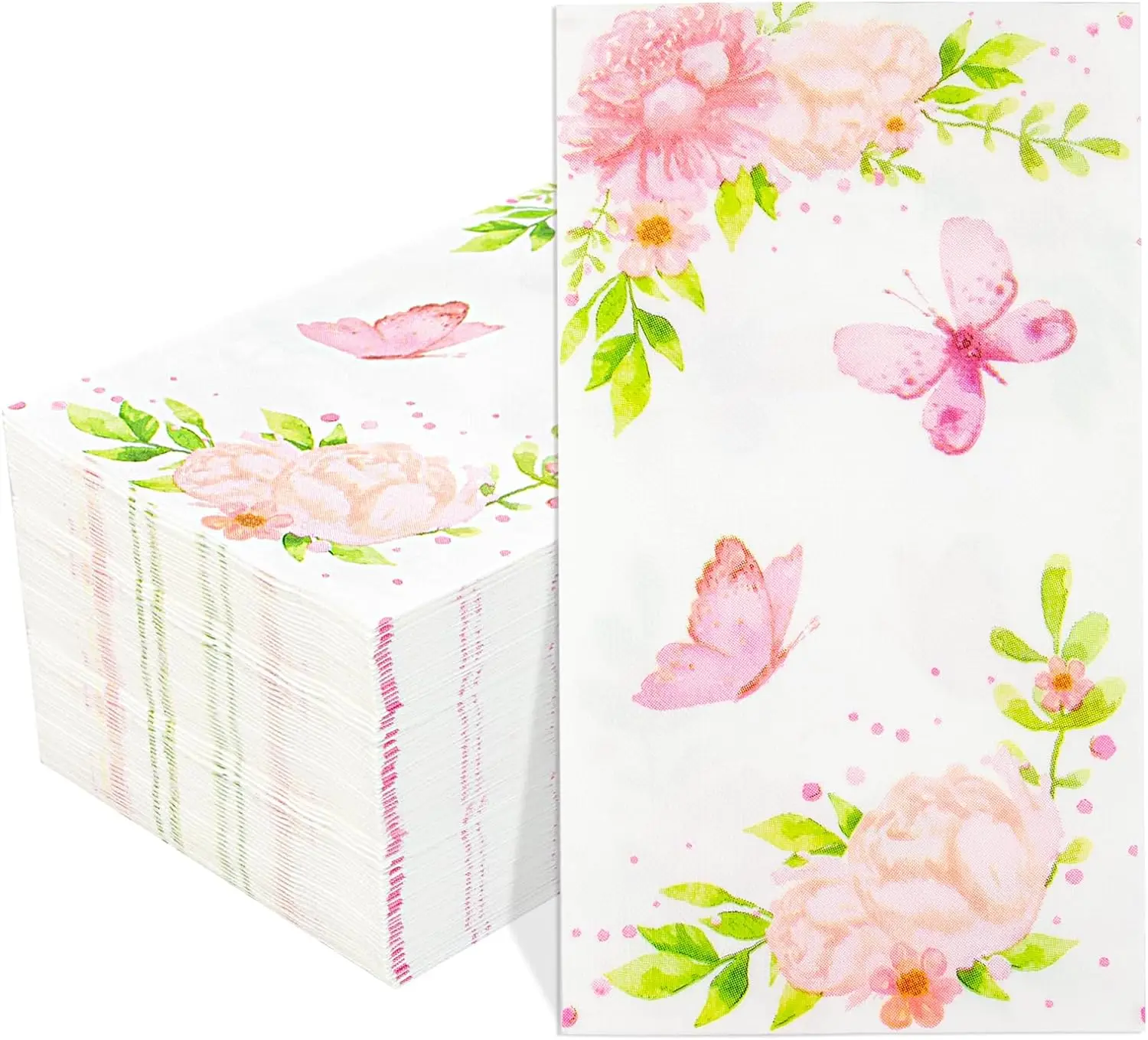 Floral Pink Napkins with Butterfly - 3Ply Disposable Paper Decorative for Spring, Disposable Flower Napkins