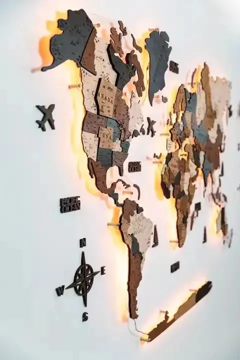 LED lights Factory Wholesale For Home map decor Wooden 3D Decoration art wall wood world map With light Backboard World
