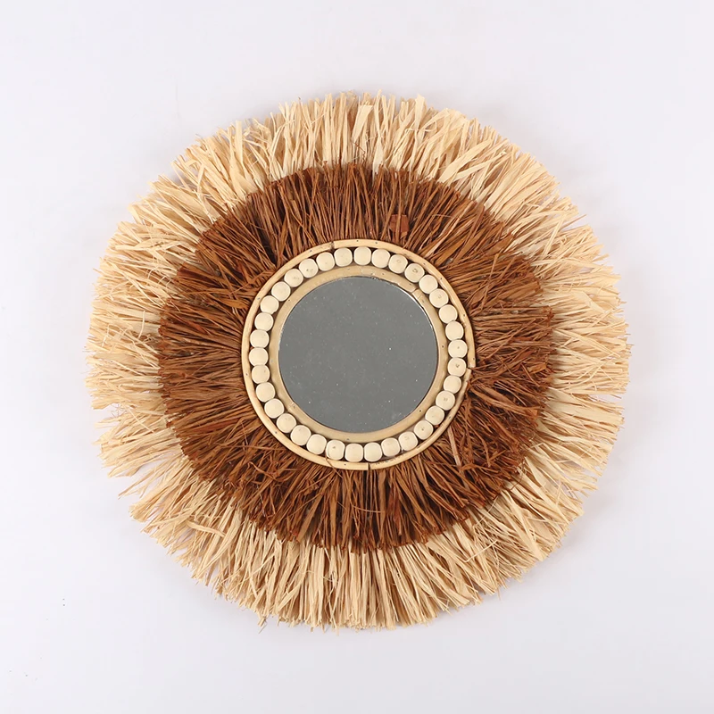 Best sale Bohemian hand Woven  Raffia mirror wall hanging for home Wall decoration