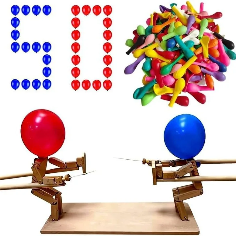Wooden Fencing Puppets with 100 Balloons Bamboo Man Battle Fun and Exciting 2-Player Robot Battle Game
