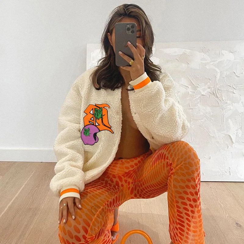 Plush Casual Cardigan Sweater For Women Fall Warm Letter Print Loose Coat Long Sleeve O Neck Winter Jacket