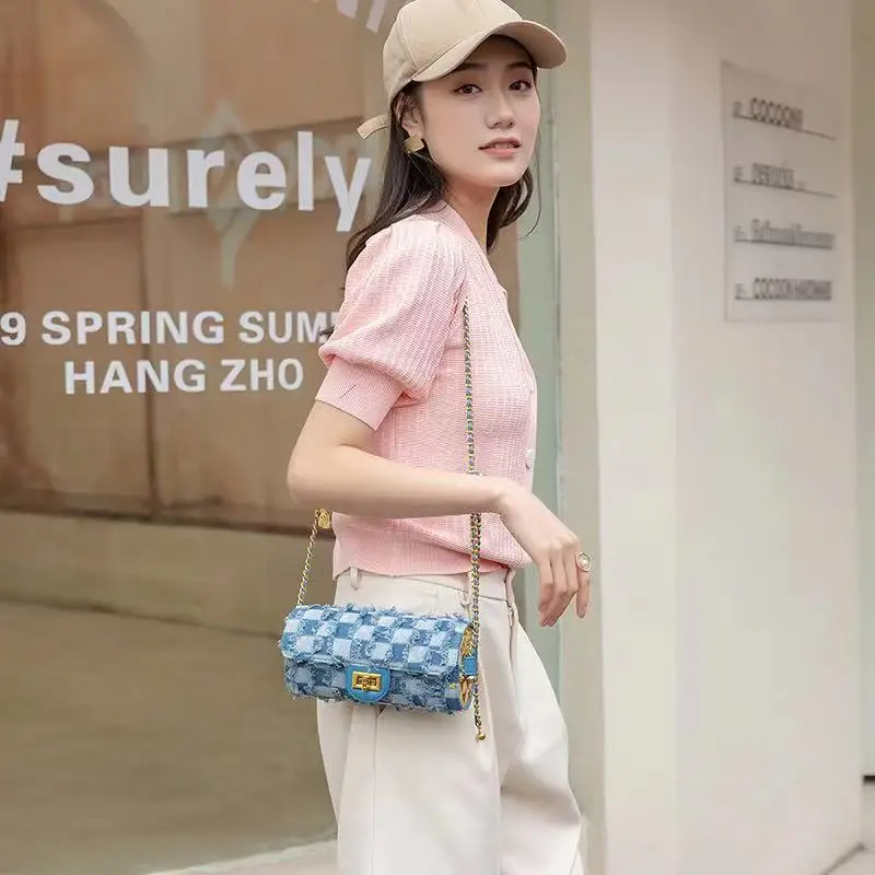 fashion chain denim canvas new purses and handbags bags women shoulder pu leather crossbody bag for ladies