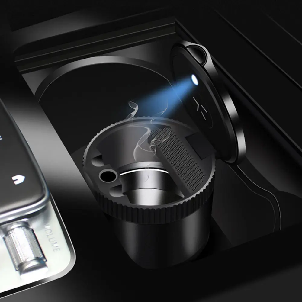 Portable Mini Car Ashtray with Lid LED Light Car Interior Organizer Metal Ashtray
