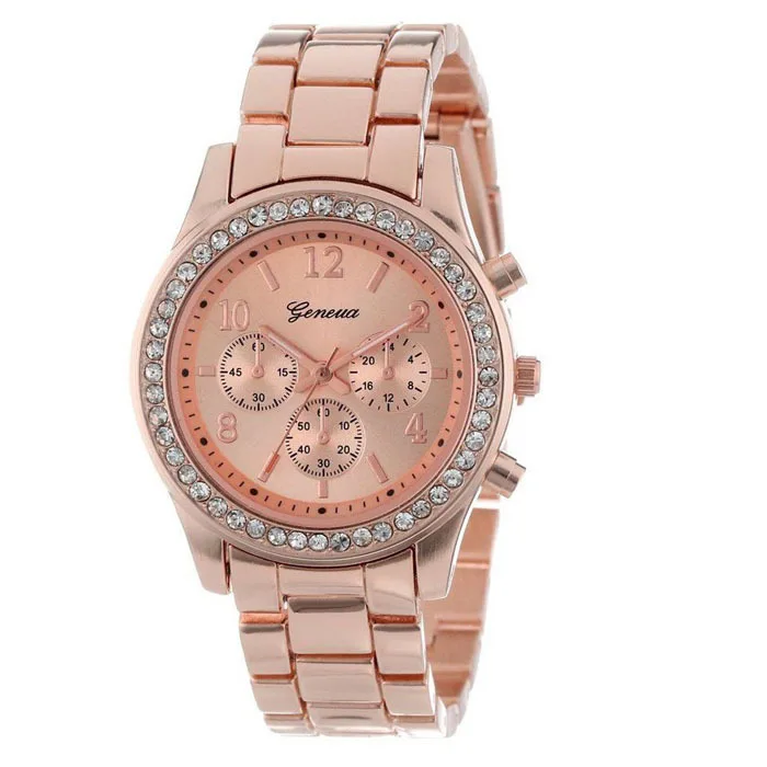 Hot Selling Ladies Diamond Stainless Steel Quartz Wrist Rose Gold Silver  Geneva Watch For Women GW-1011