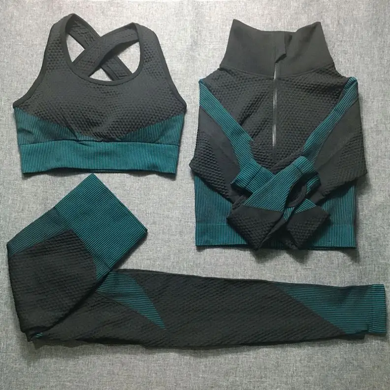 3 piece yoga set with jacket seamless yoga sets women long sleeve yoga clothing For Women Gym Fitness Sets