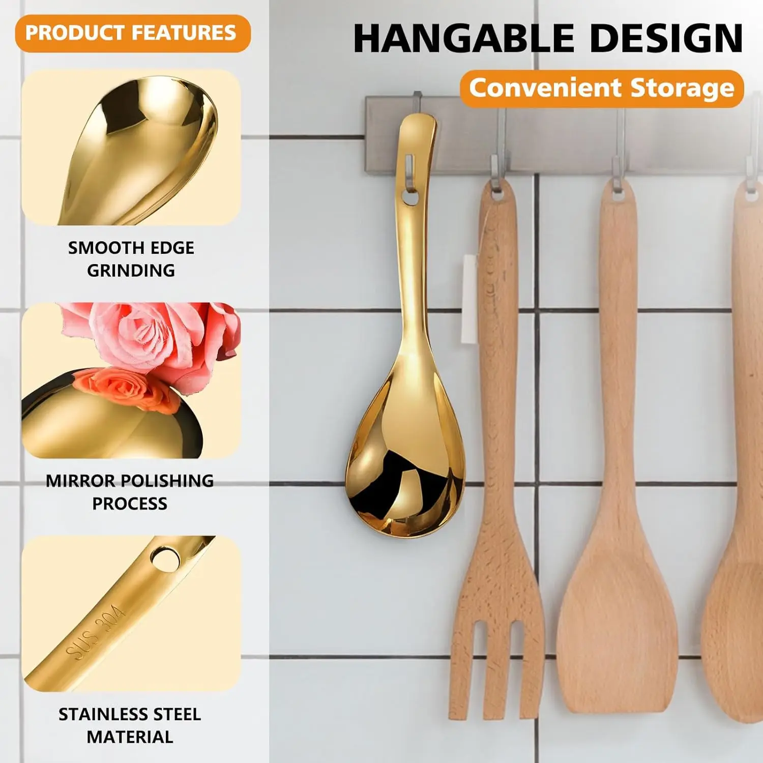 Hot Sale Kitchen Utensil Stainless Steel Big Round Soup Spoon Gold Silverware Parties Restaurant Metal Rice Scoop Serving Spoon