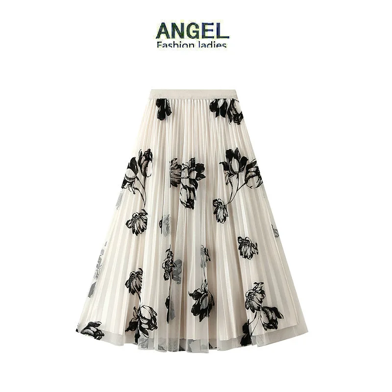 2024 Spring Autumn New Style Plush Flower Organza Skirt Reversible Wear Pleated Midi Skirt for Women Doublesided Wearing Design