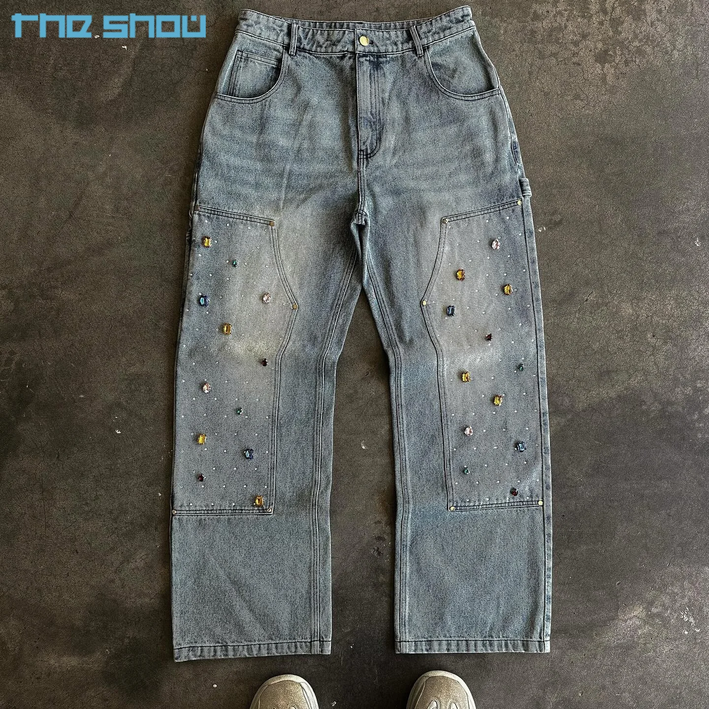 Designer Distressed Straight Acid Wash Baggy Cargo Jeans Unisex Wide Leg Pants Rhinestone Double Knee Denim Carpenter Pants Men