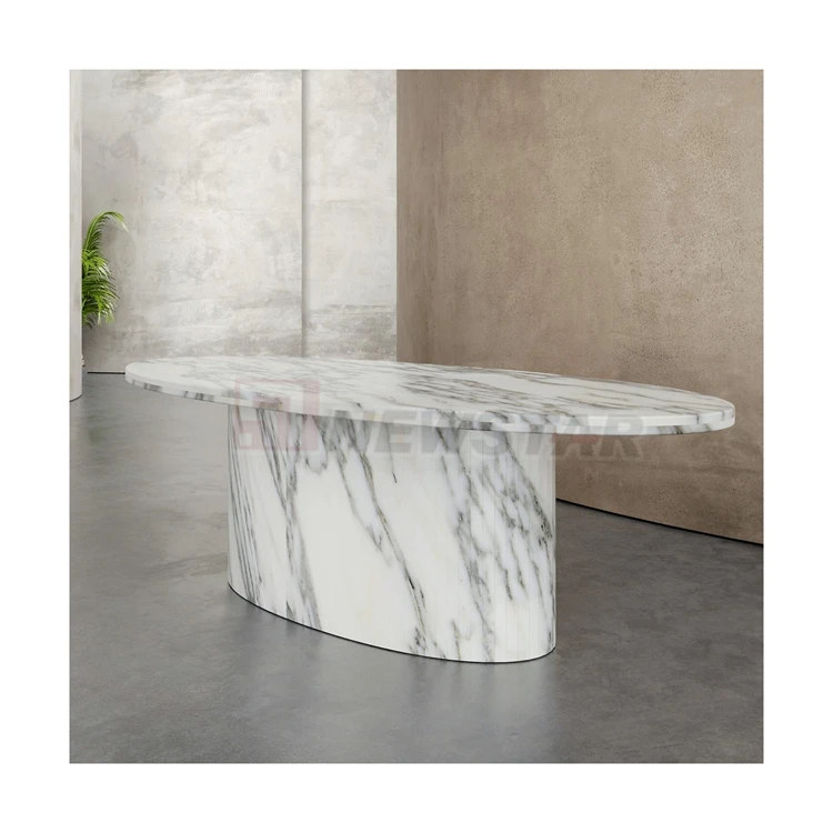 Newstar Stone Tan Travertine Upscale Home Decor Oval Stone Dining Table with Dual Conical Pedestal Base