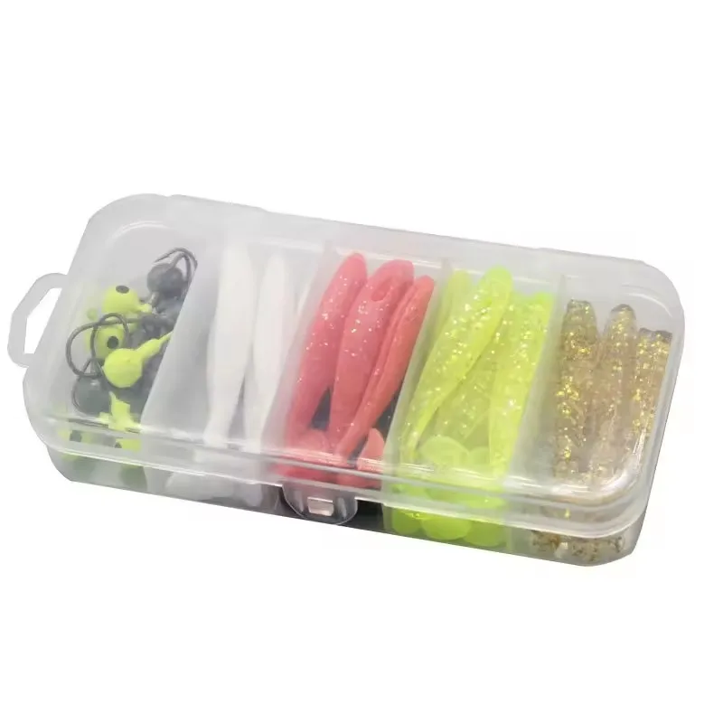 Langsheng OEM ODM 40 pieces soft bait free bait box set nude color lead hook fishing accessories soft worm lure set