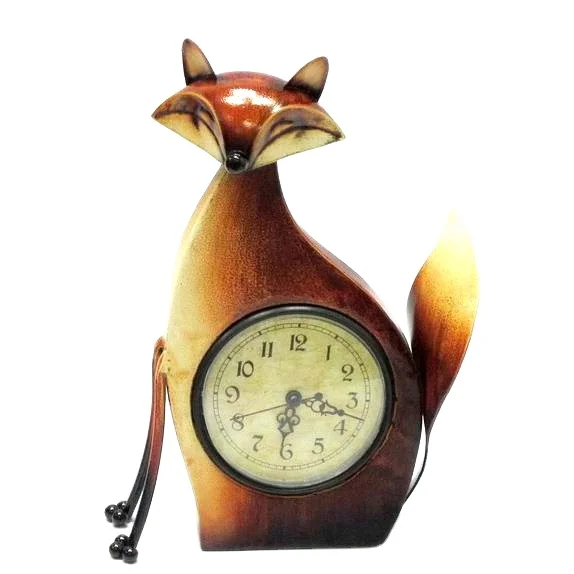 Unique Iron Fox Animal Figurine sculpture Home tabletop Decor with clock