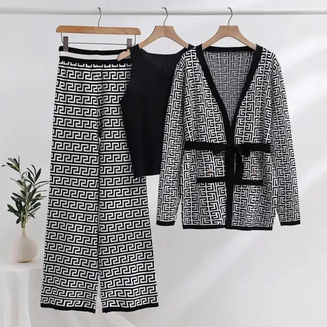 Spring Autumn Set Women Fashion Back Jacquard Coat Vest Knitted Pants Three Piece Suit Ladies 3 Pieces Knitting Set