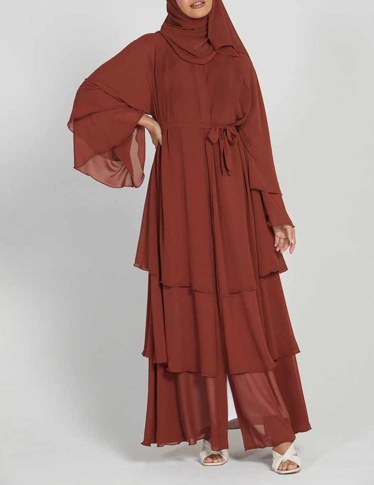 New Arrival Wear Muslim Dress Open Abaya With Inner Dress Solid Chiffon Islamic Brown Luxury Clothing Women Dress